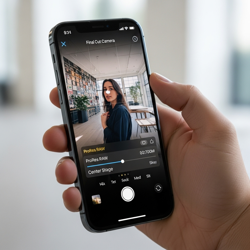 Une personne tenant un iPhone 17 pro avec l’application Final Cut Camera ouverte