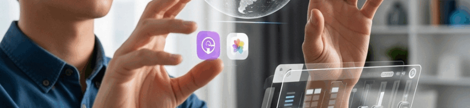 Utilisateur portant l'Apple Vision Pro 2 interagissant avec des éléments de réalité mixte flottants
