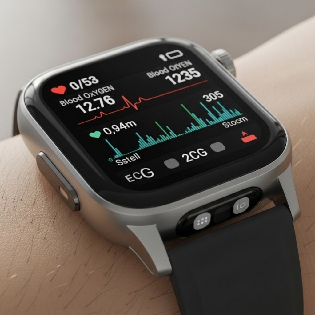 Montre connectée moderne avec écran affichant données cardiaques et capteurs de santé avancés