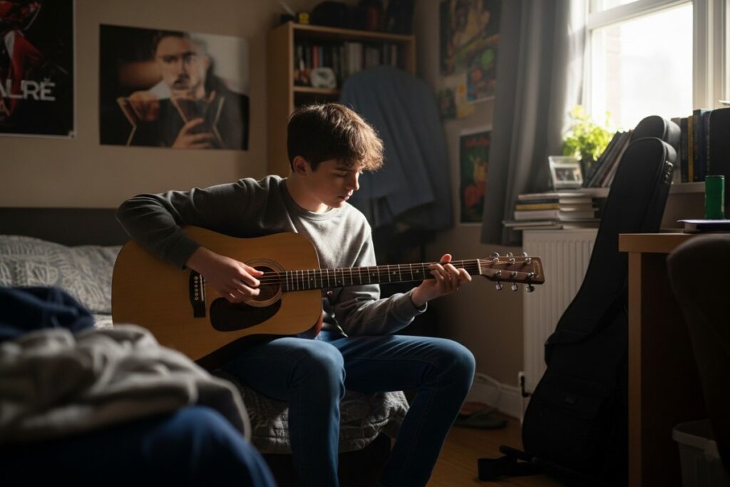 Adolescent apprenant la guitare dans sa chambre