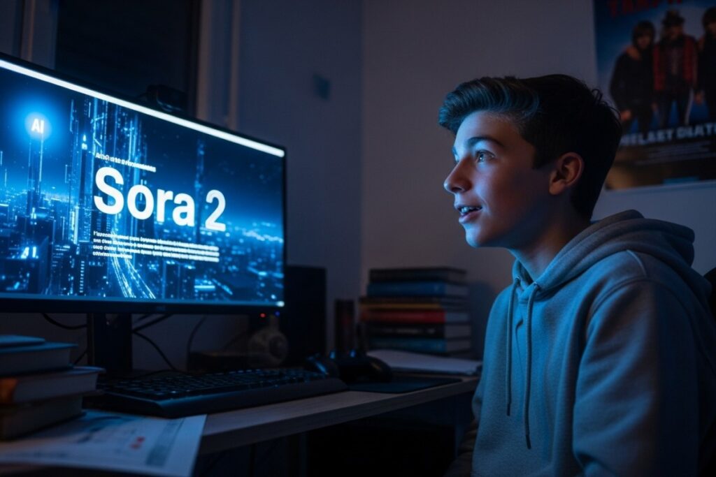 Adolescent devant son ordinateur face à Sora 2