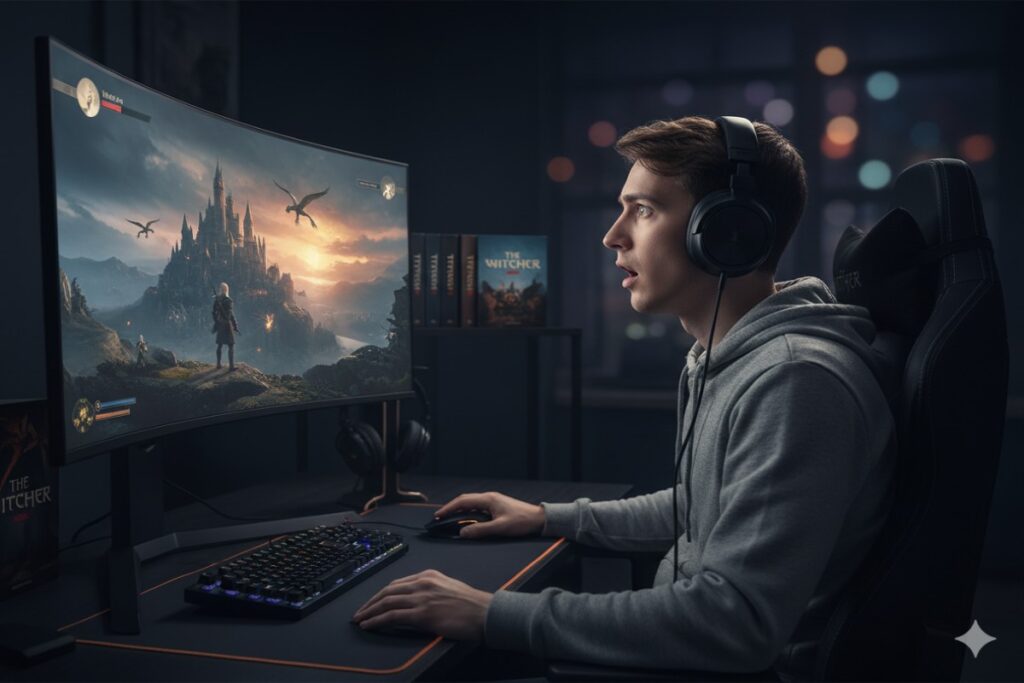 Adolescent jouant à The Witcher
