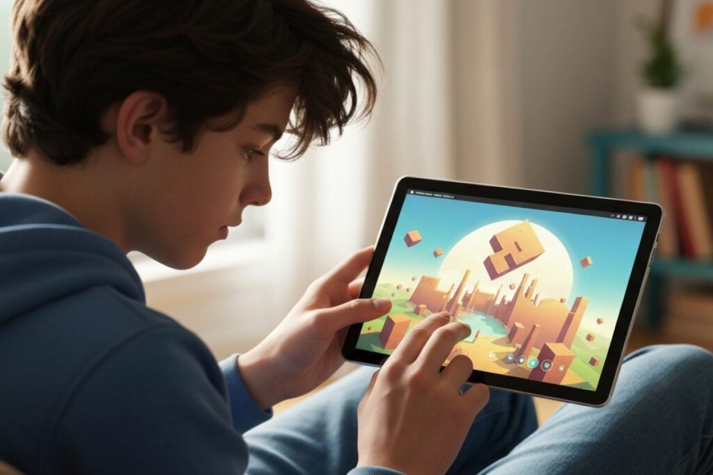 Adolescent jouant à des jeux de réflexion sur tablette