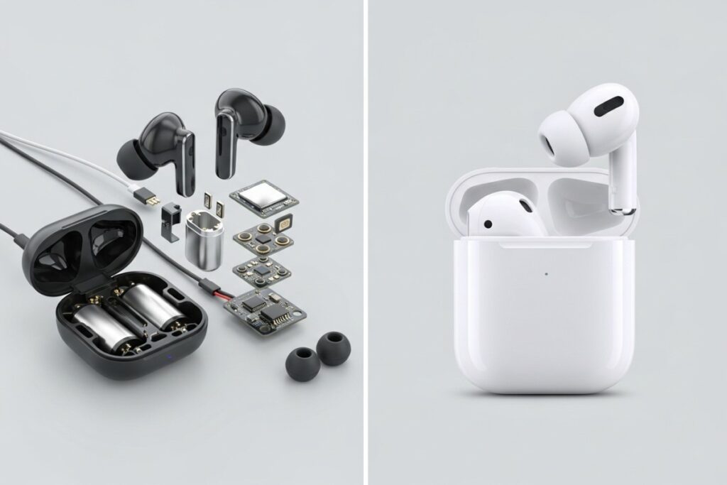 Comparatif écouteurs démontés et AirPods Pro 3 fermés