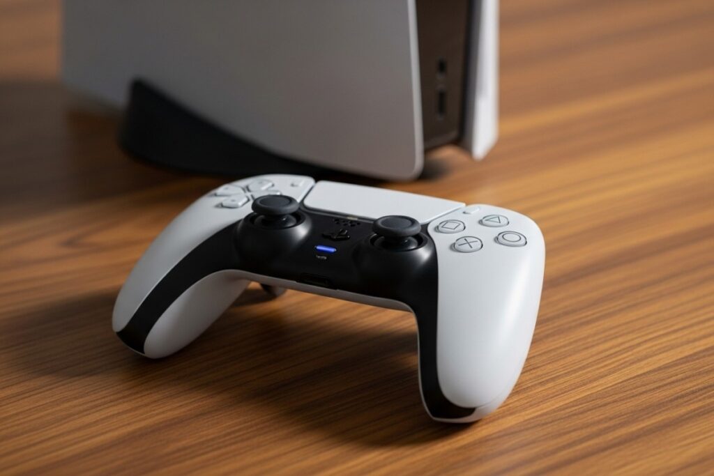 DualSense avec Sony PlayStation 5 en arrière-plan