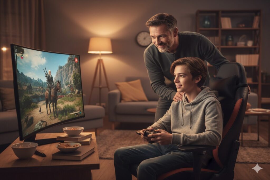 Enfant et parent jouant à The Witcher sur PC