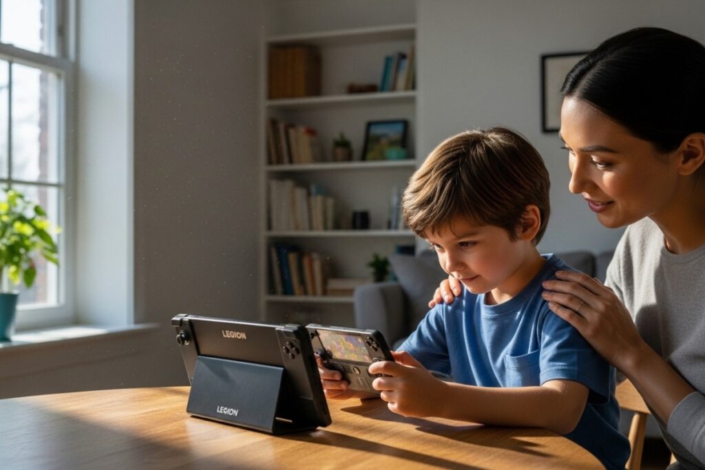 Enfant jouant à la Lenovo Legion Go S sous supervision parentale
