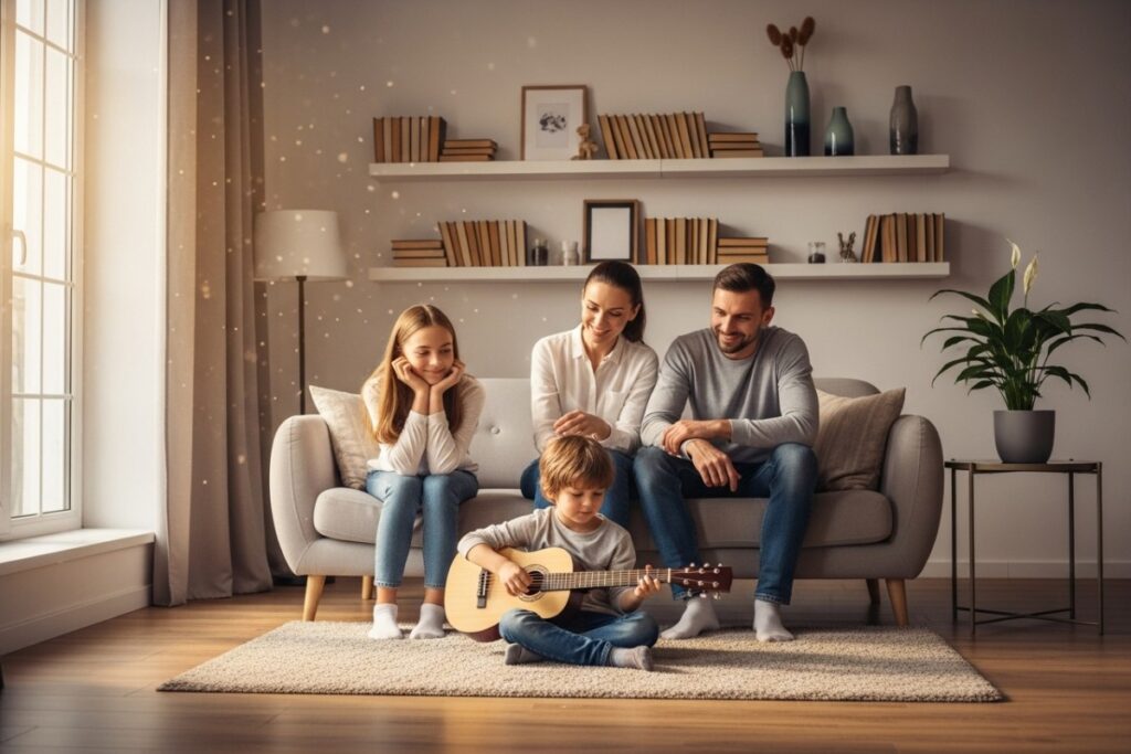 Enfant jouant de la guitare devant sa famille