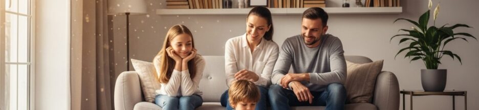 Enfant jouant de la guitare devant sa famille