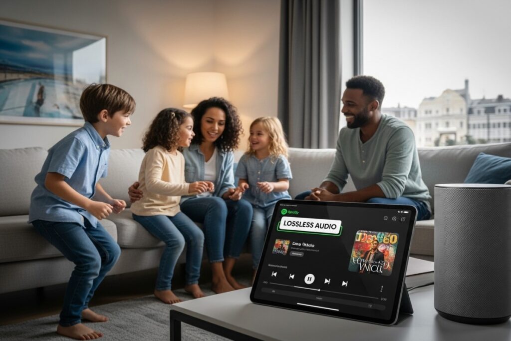 Famille écoutant Spotify lossless
