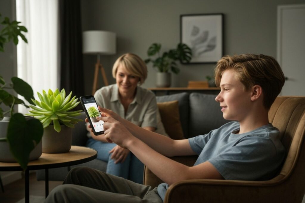 Famille utilisant Search Live sur smartphone