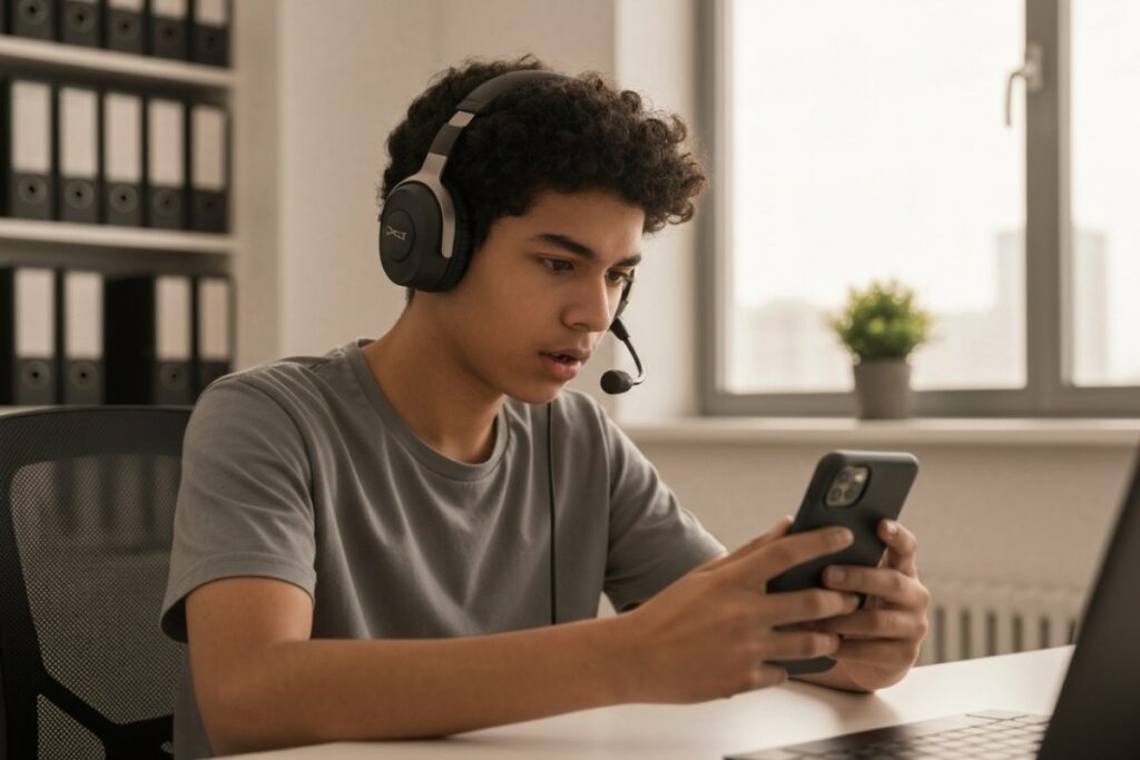 Jeune joueur concentré sur PUBG Mobile avec casque