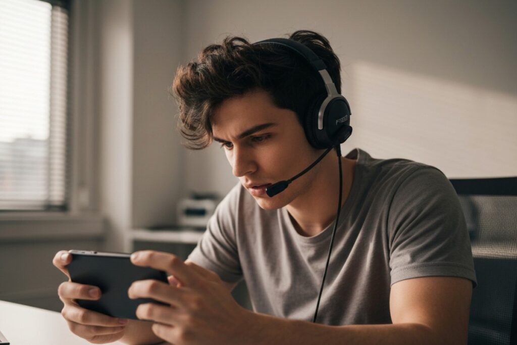 Joueur concentré sur PUBG Mobile avec casque