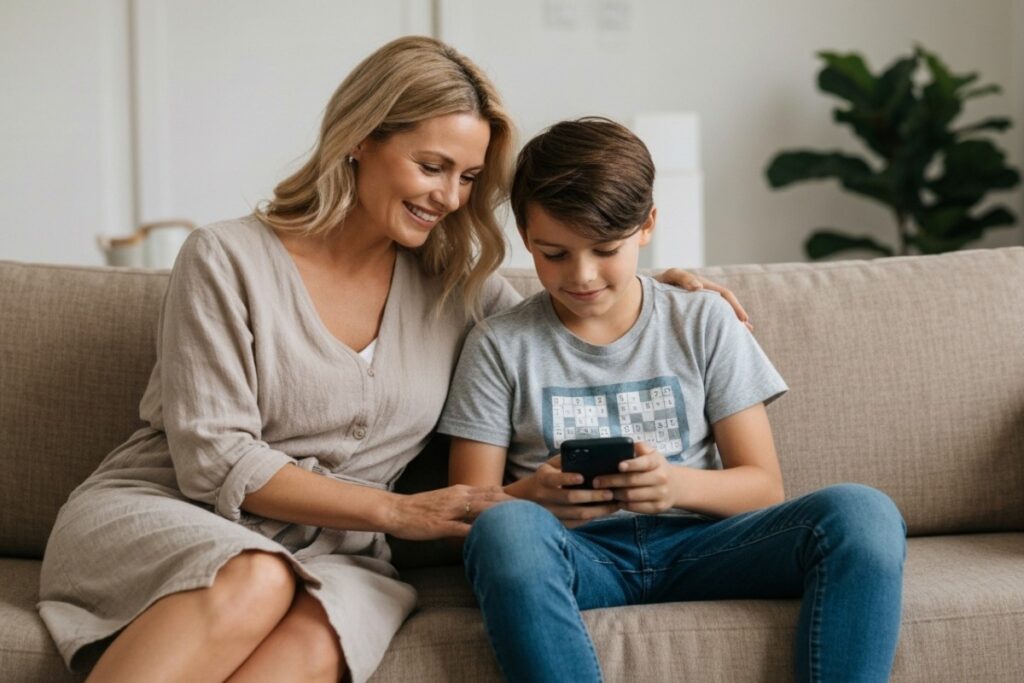 Parent et enfant jouant à Sudoku