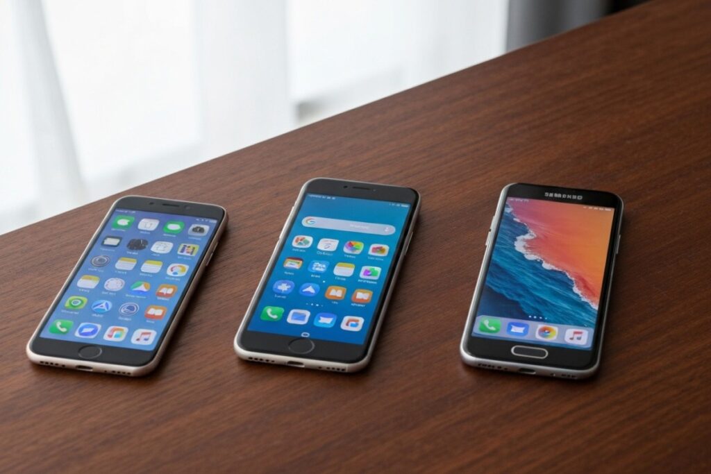 Trois smartphones montrant Apple Intelligence, Gemini et Galaxy AI