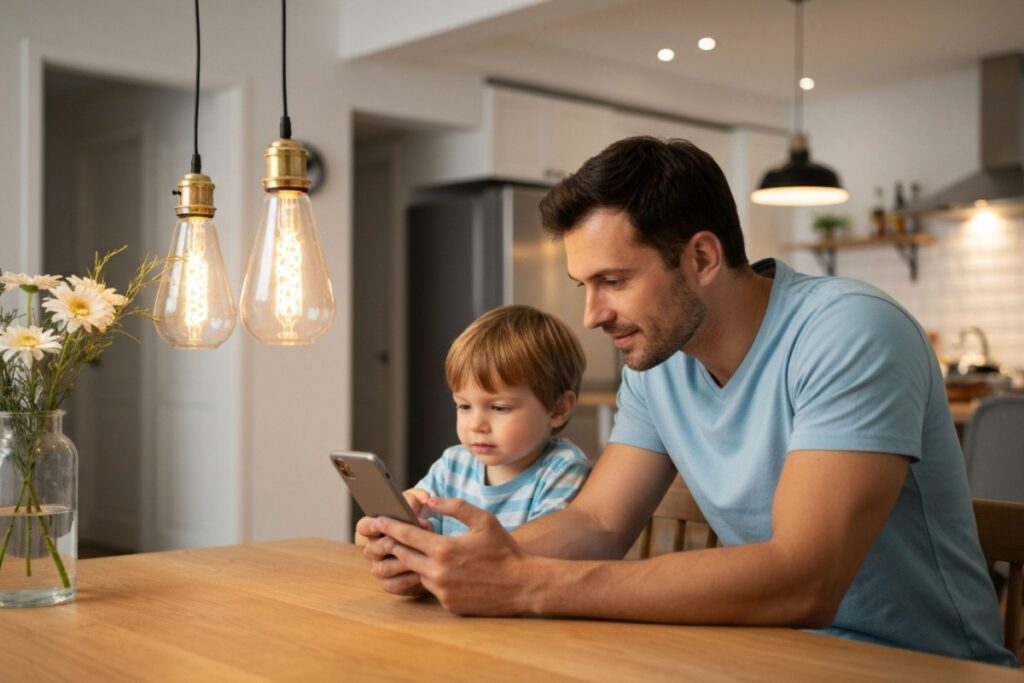 Un père et son fils découvrant des applications mobiles