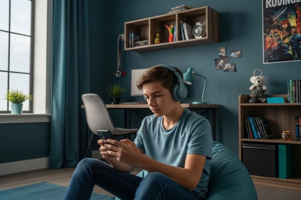 adolescent avec écouteurs sans fil sur son smartphone