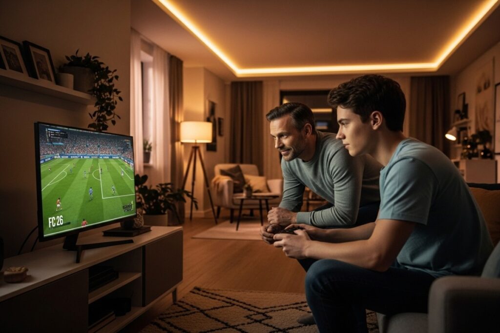 adolescent jouant à FC 26 avec parent