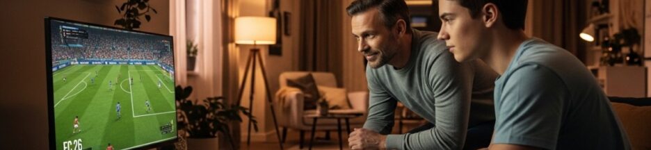 adolescent jouant à FC 26 avec parent