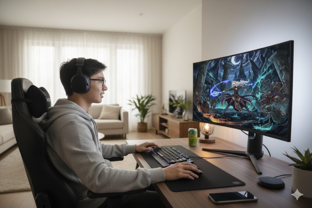 adolescent jouant a Hades 2 sur PC