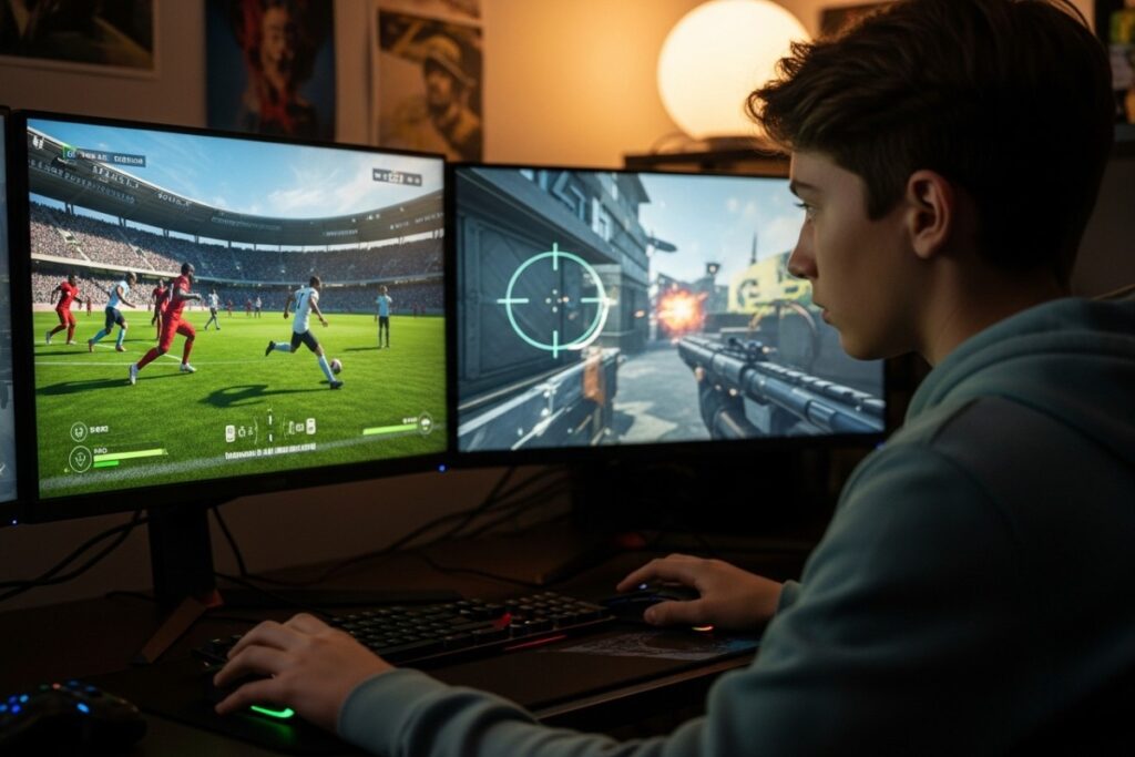 adolescent utilisant souris gamer sur pc