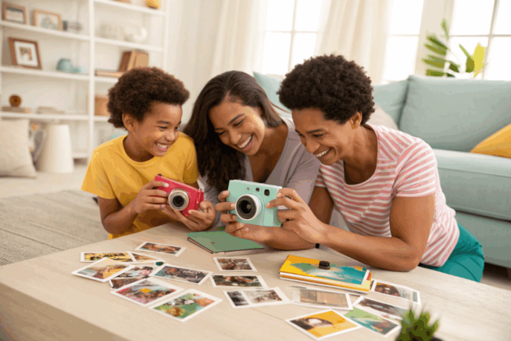 jeunes utilisant appareil photo instantané Polaroid