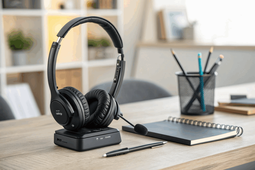 Casque audio Bluetooth et accessoires mobiles avec réduction de bruit sur bureau