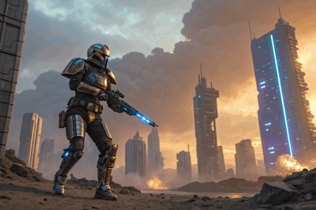 Héros dans un environnement futuriste comme Destiny: Rising 