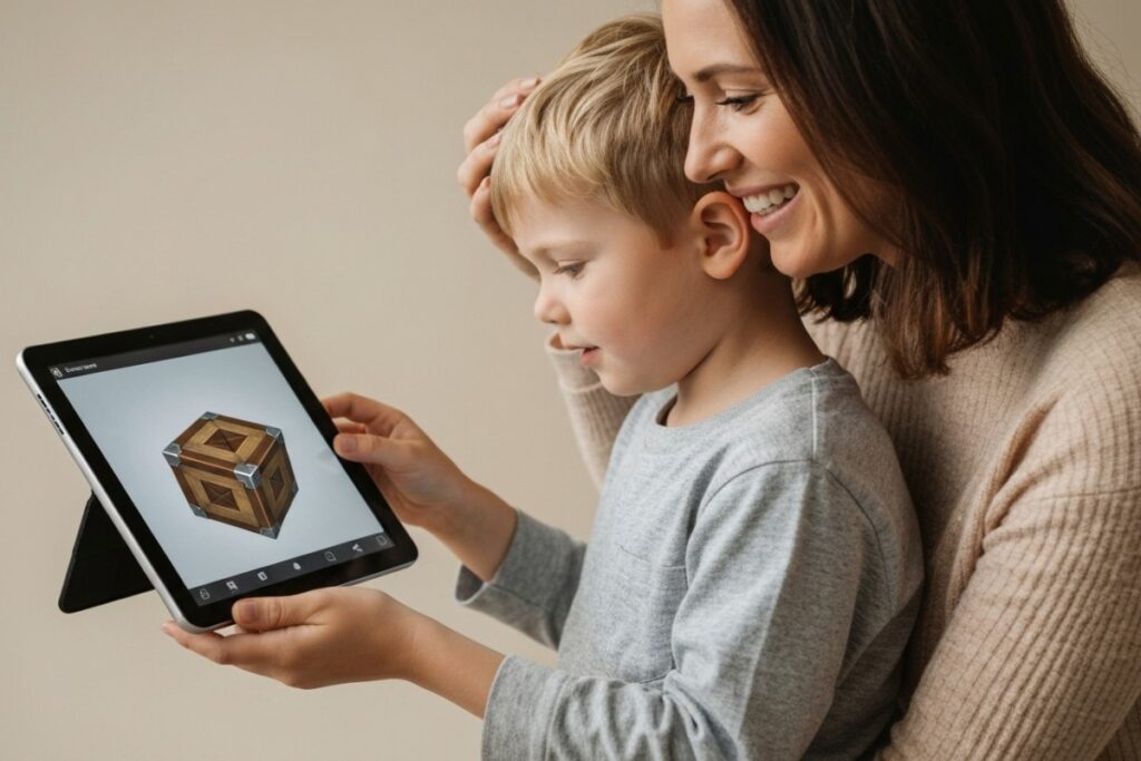 enfant et parent jouant à des jeux de réflexion sur tablette