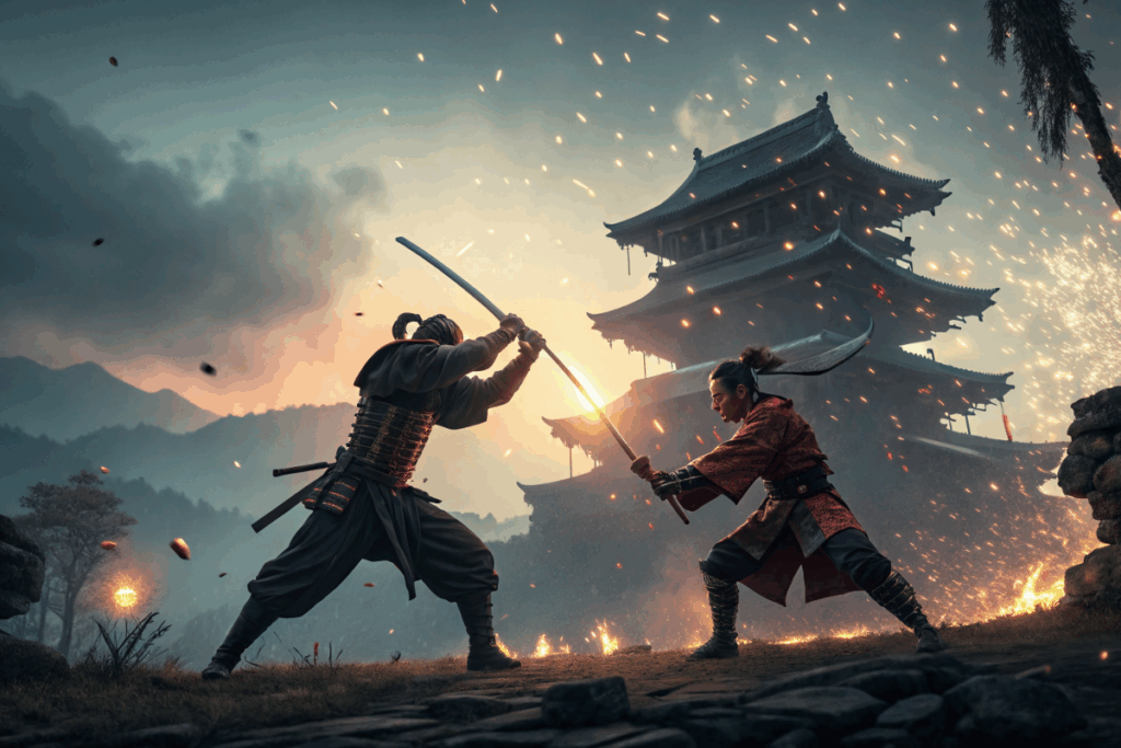 Des samouraï type Ghost of Yotei dans le Japon féodal PS5