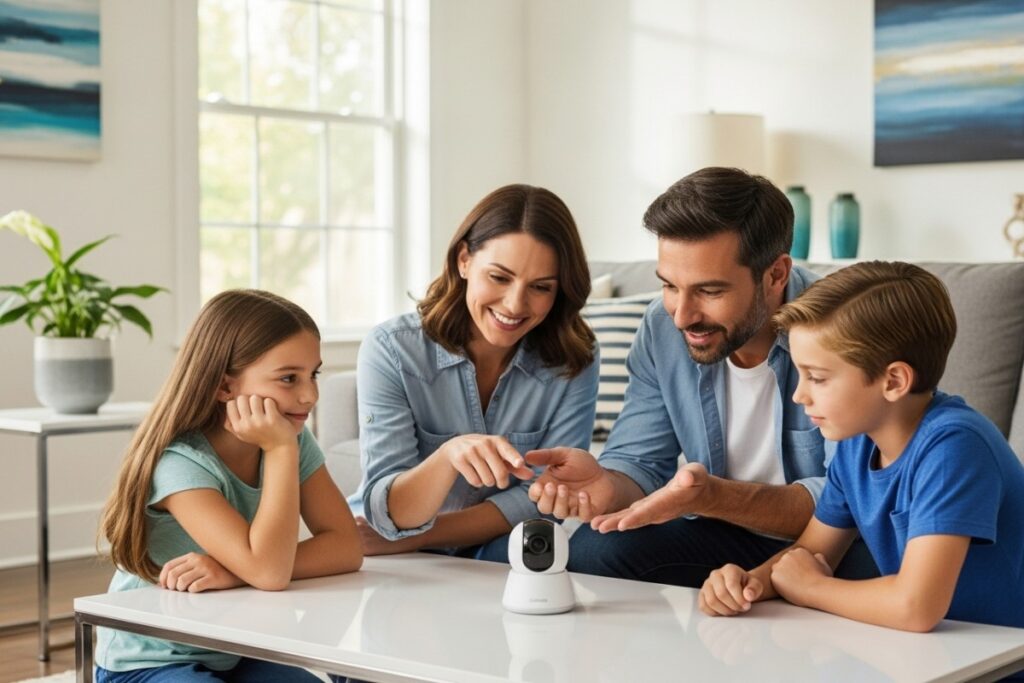 famille discutant d’une caméra de surveillance