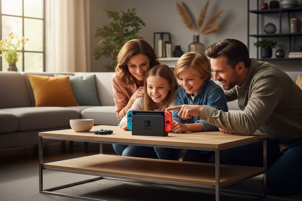 famille jouant à Metroid Prime 4 Beyond