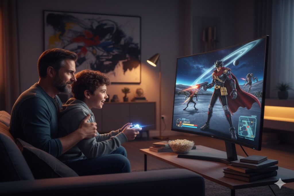 famille jouant au jeu Cobra sur PC