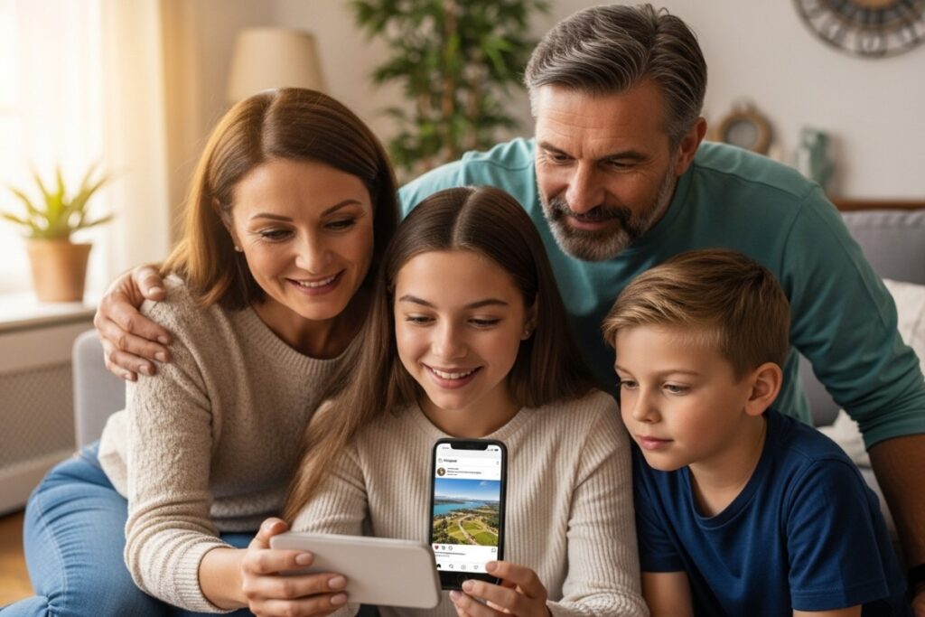 famille utilisant Instagram sur smartphone