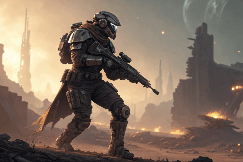 Héros dans un décor similaire à Destiny: Rising préparé au combat