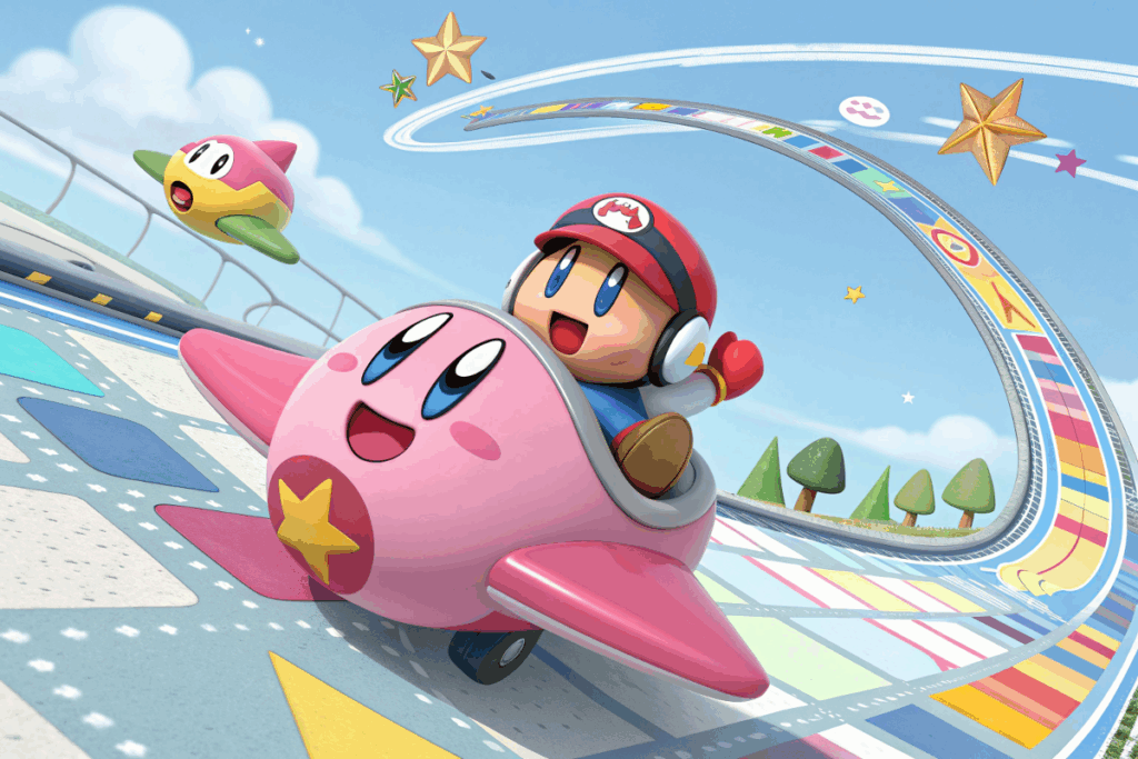 Kirby volant sur son étoile dans Kirby Air Riders Direct 2 sur Switch 2 