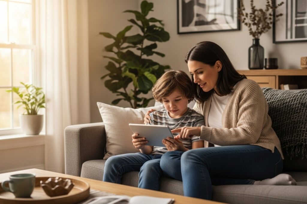 mère et enfant discutant de l’IA autour d’une tablette