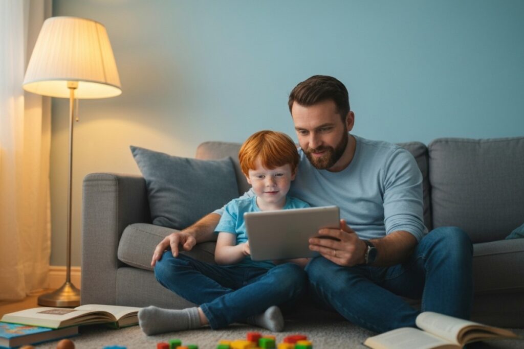 parent aidant un enfant à gérer son empreinte numérique