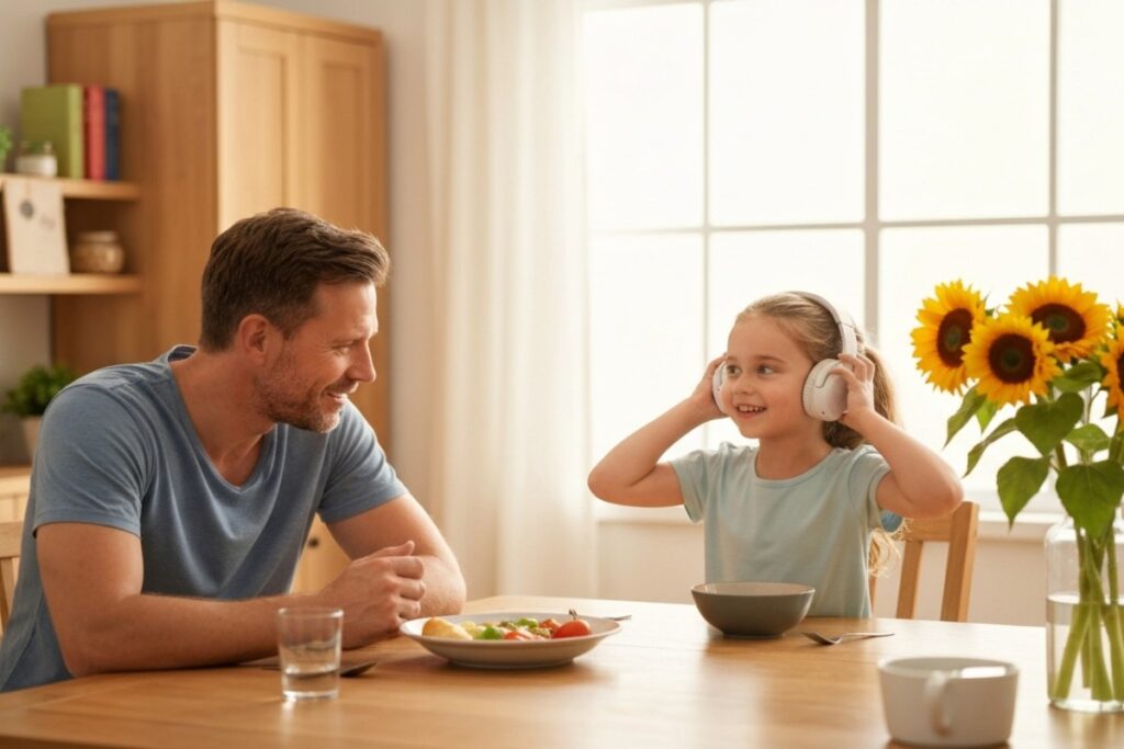 parent parlant avec un enfant qui porte des écouteurs sans fil