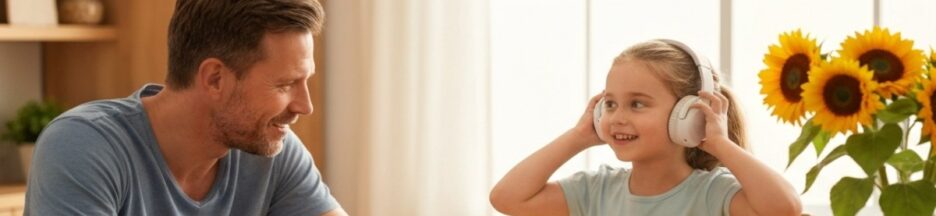 parent parlant avec un enfant qui porte des écouteurs sans fil