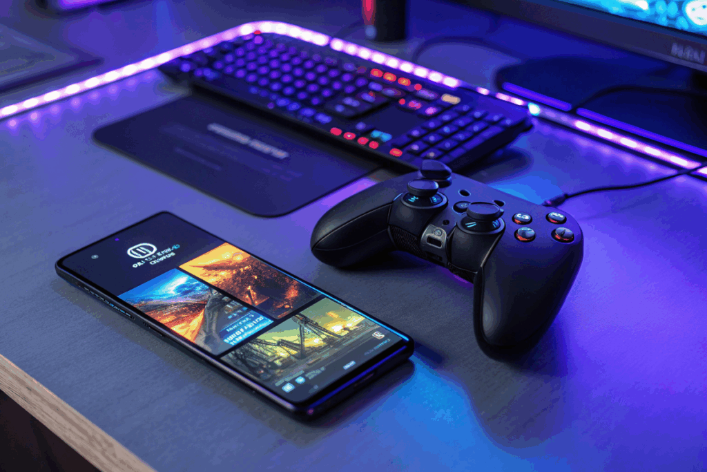 Smartphone avec manette gaming affichant cloud gaming mobile streaming 5G