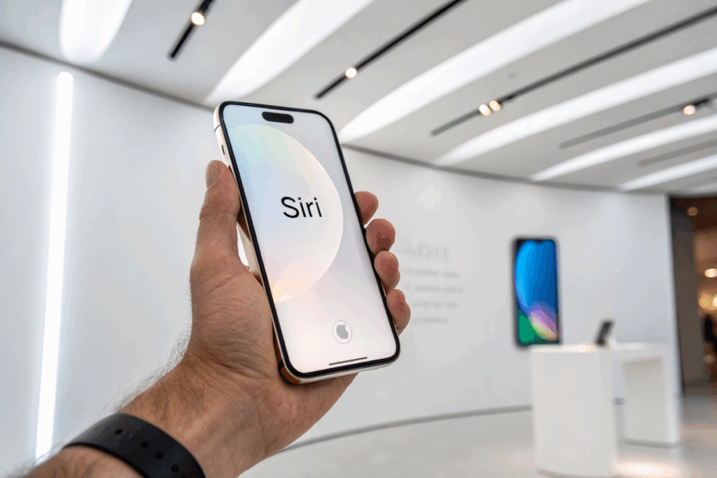 iPhone avec Apple Intelligence Siri en français affichant IA