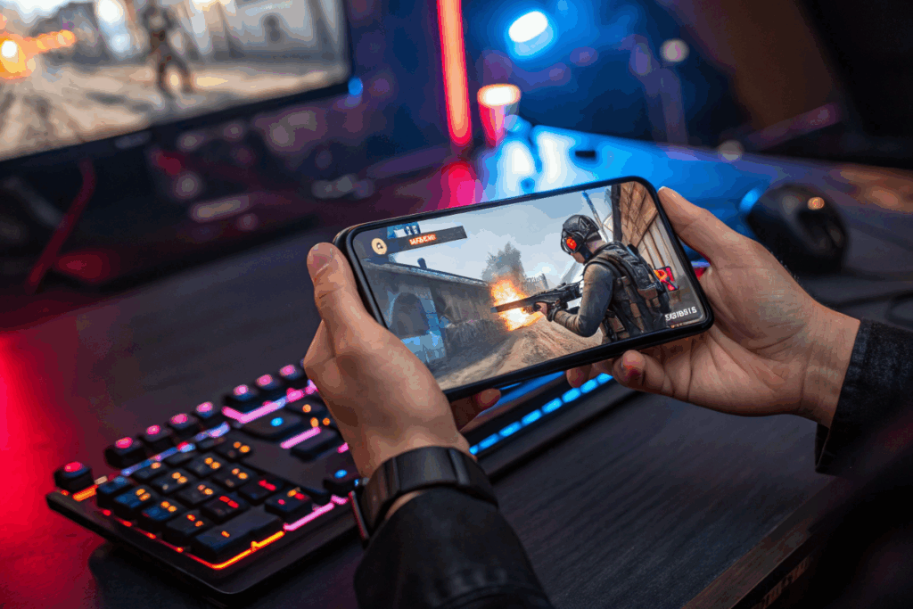 Gaming mobile FPS sur smartphone avec graphismes du style de Battlefield 6