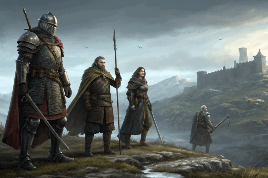 Quatre compagnons prêts pour le combat dans un décor similaire à Game of Thrones: Kingsroad