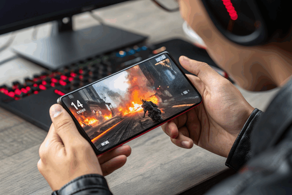 Des mains tenant le smartphone gaming en session de jeu intense