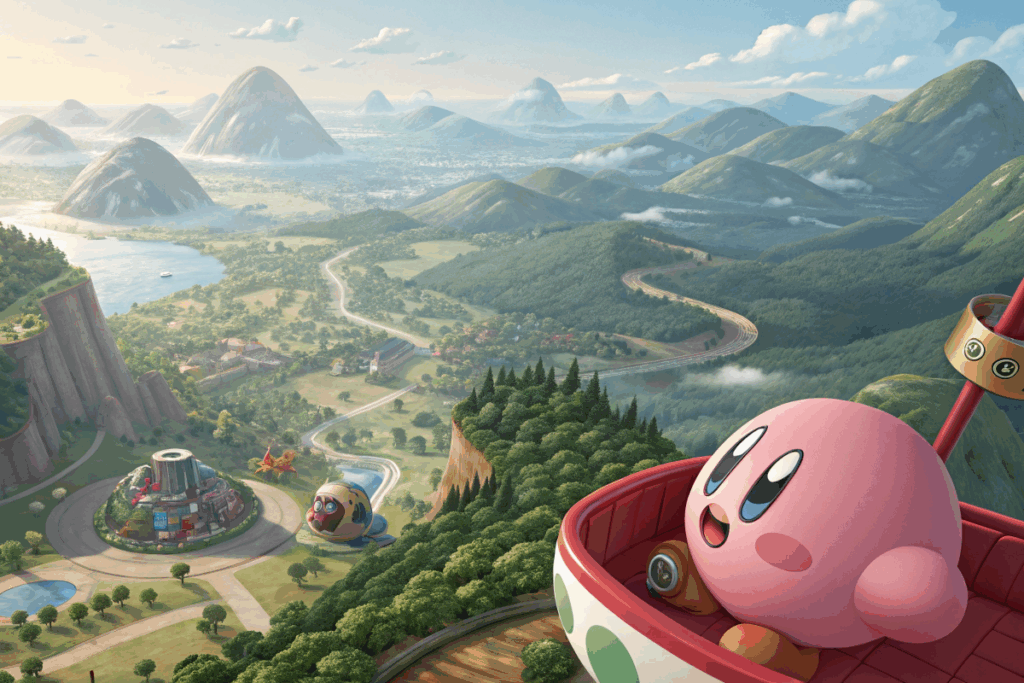 Mode Road Trip de Kirby Air Riders Direct 2 montrant Kirby sur sa machine étoilée  