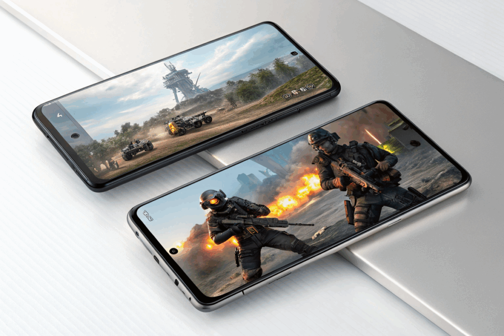 Galaxy S25 Ultra et l'iPhone 17 Pro Max-deux-flagship-smartphones-affichant-un-jeu-mobile
