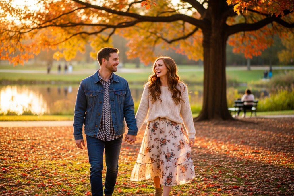 Couple heureux souriant dans un parc