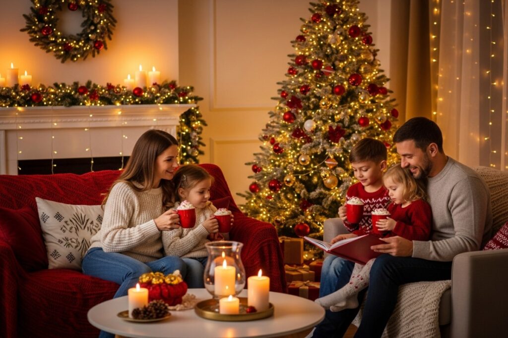 Famille réunie dans un décor de Noël