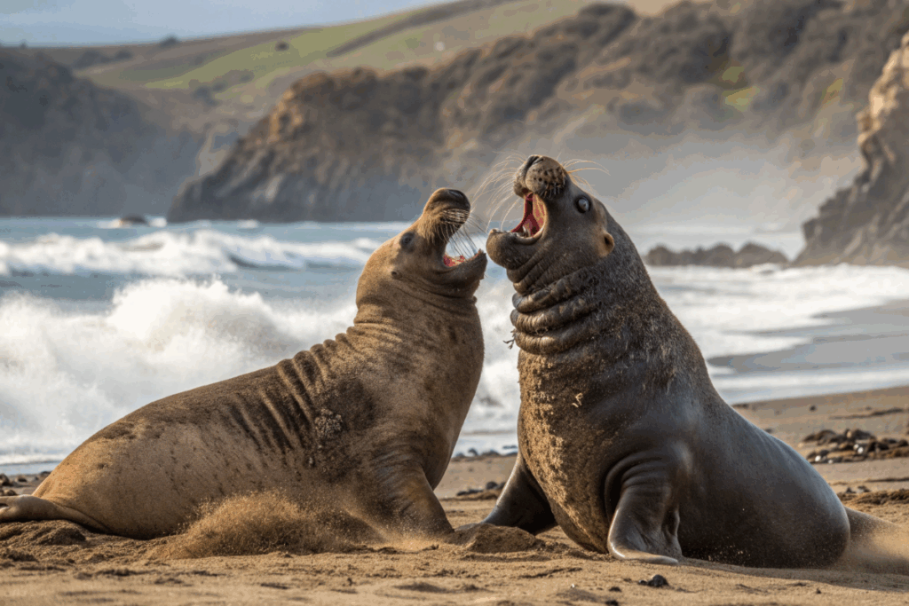 Deux éléphants de mer qui se battent